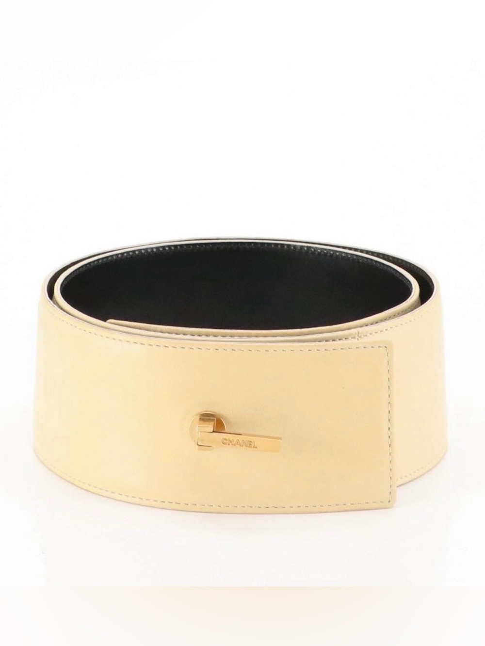CHANEL Beige Leather Belt with Gold Accent